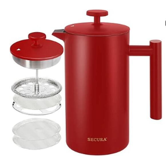 Stainless Steel French Press Coffee Maker, Double-Wall Coffee Press- 34oz, Red - Picture 1 of 6